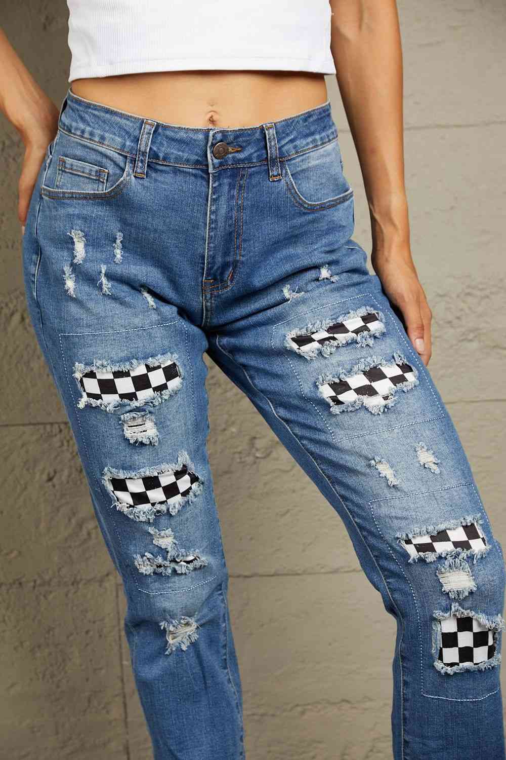  Checkered Patchwork Mid Waist Distressed Jeans Bazaarbey