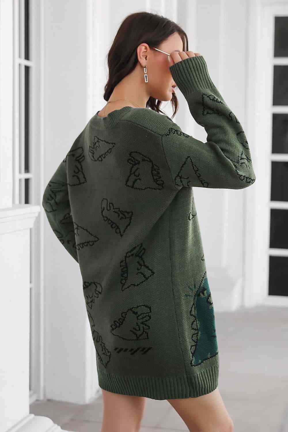 Dinosaur Pattern V-Neck Sweater Dress Bazaarbey