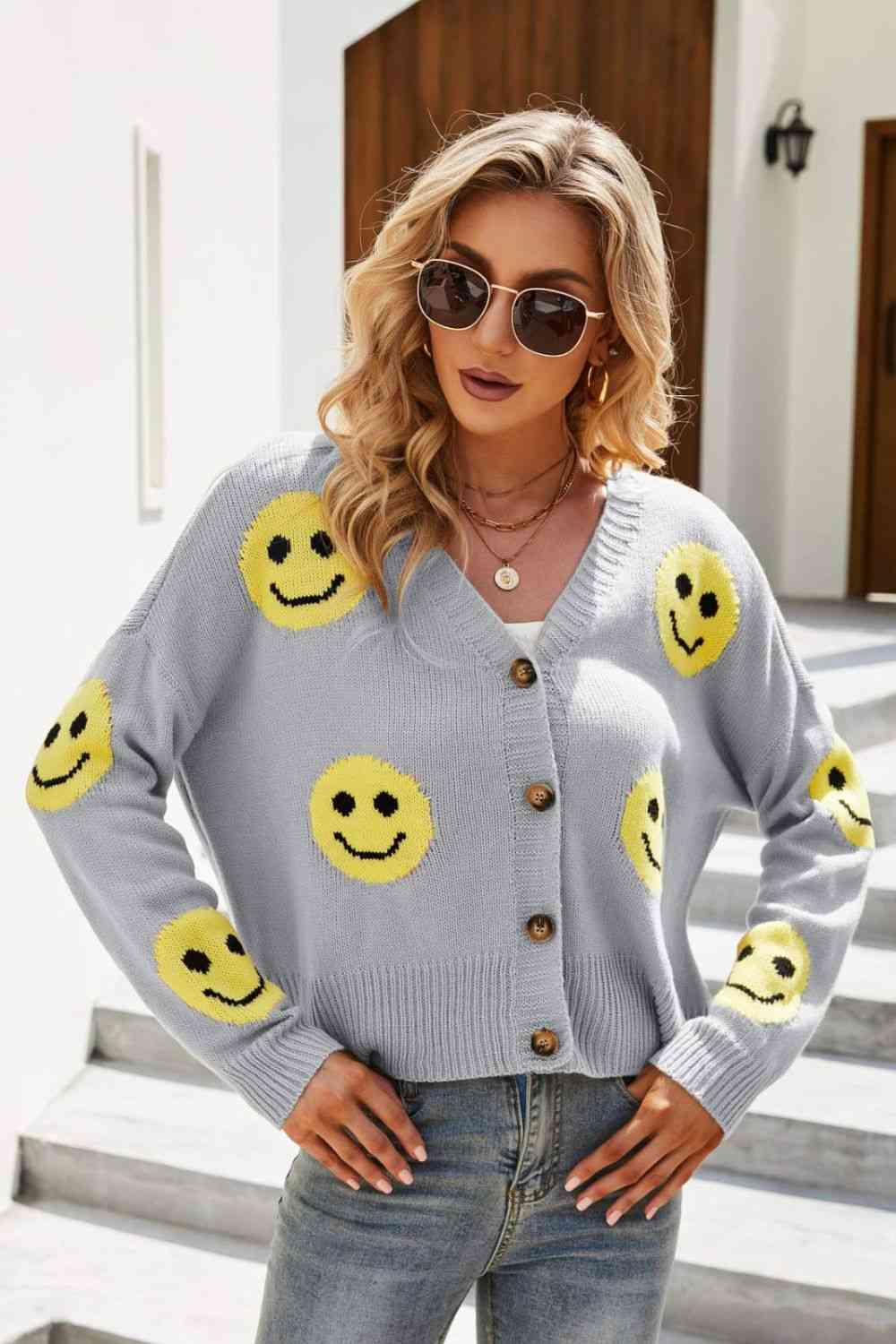 Smiley Face Ribbed Trim V-Neck Cardigan Trendsi