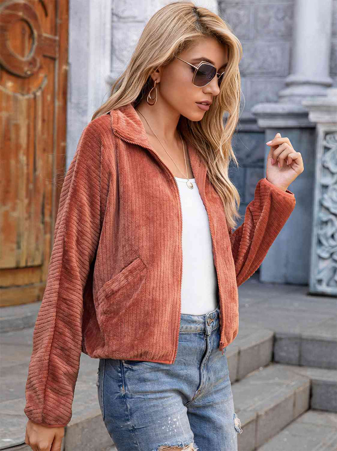 Zip-Up Collared Jacket with Pockets Trendsi