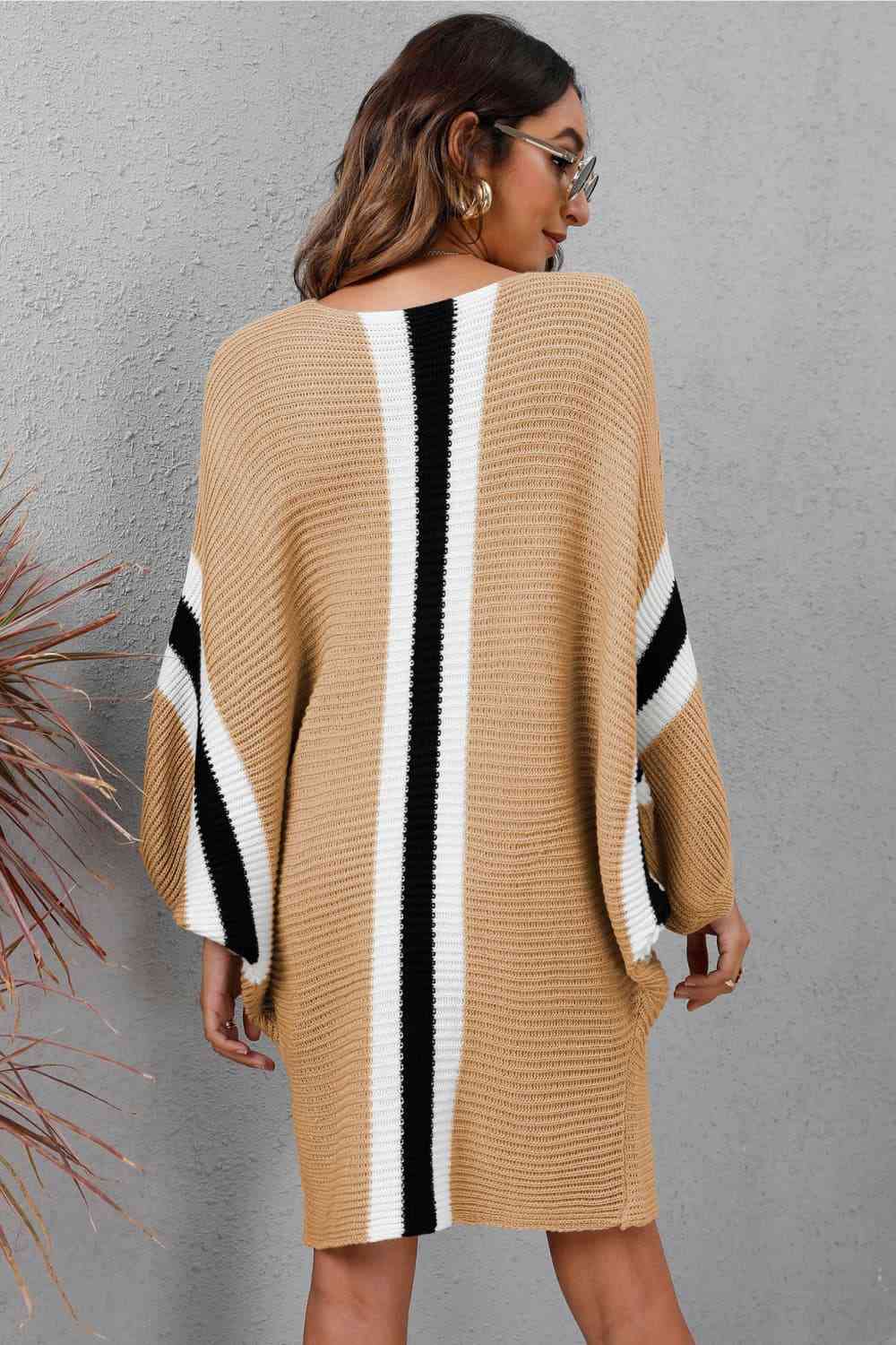 Ribbed Round Neck Long Sleeve Sweater Dress Bazaarbey