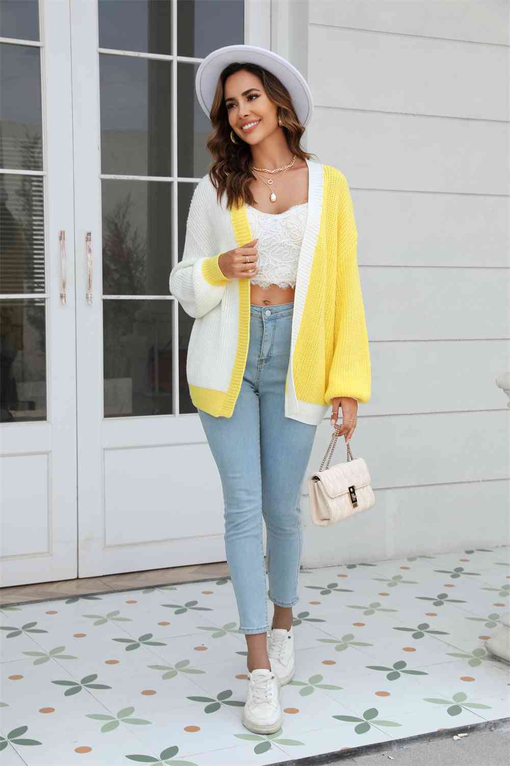 Open Front Contrast Color Balloon Sleeve Cardigan Trendsi