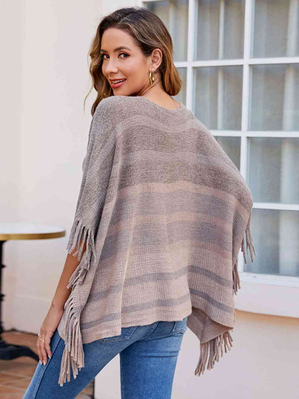 Striped Boat Neck Poncho with Fringes Bazaarbey