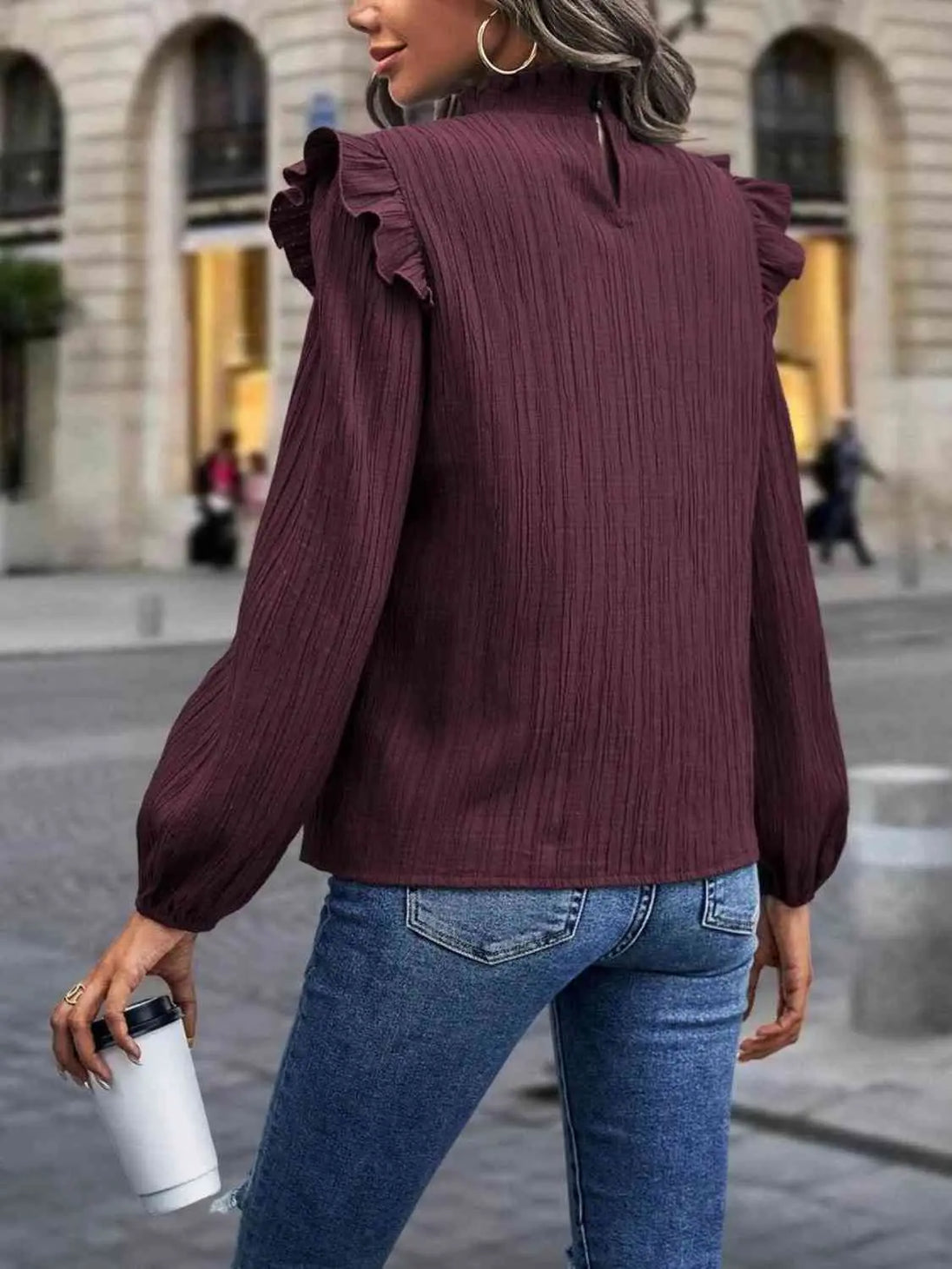 Mock Neck Ruffle Shoulder Blouse Trendsi