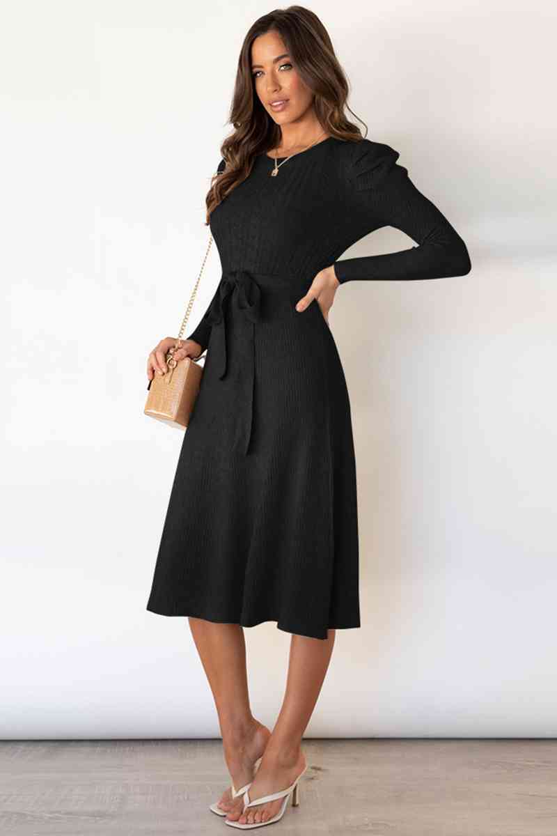 Round Neck Long Sleeve Tie Waist Sweater Dress Bazaarbey