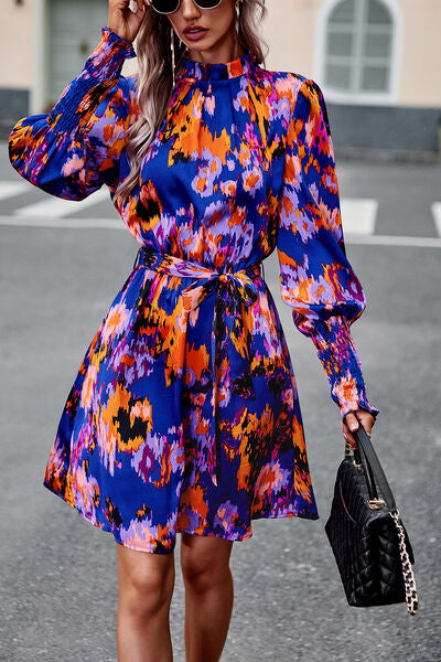 Printed Tie Waist Mock Neck Lantern Sleeve Dress -BazaarBey - www.shopbazaarbey.com