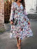 Printed V-Neck Long Sleeve Midi Dress -BazaarBey - www.shopbazaarbey.com