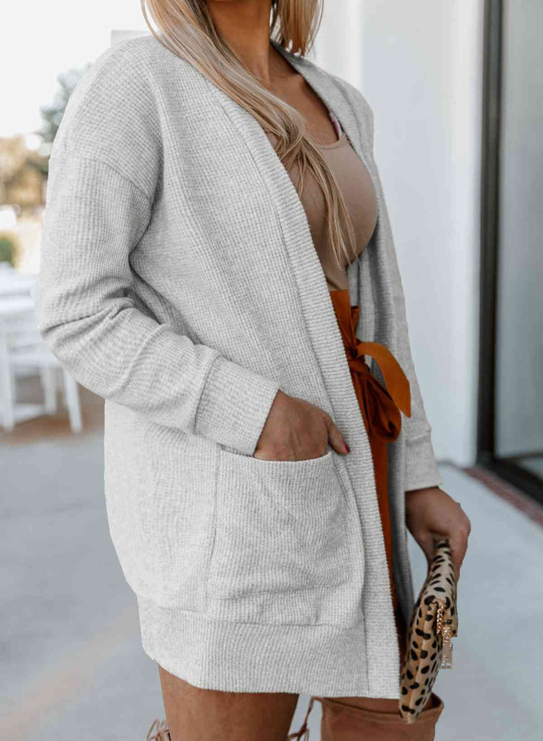  Ribbed  Long Sleeve Cardigan with Pockets Trendsi