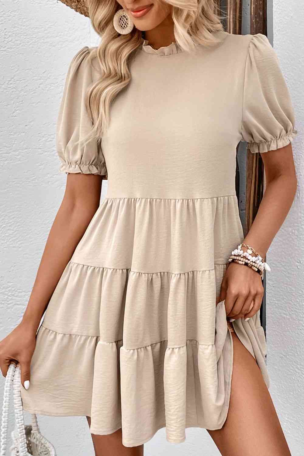 Puff Sleeve Tie Back Tiered Dress -BazaarBey - www.shopbazaarbey.com