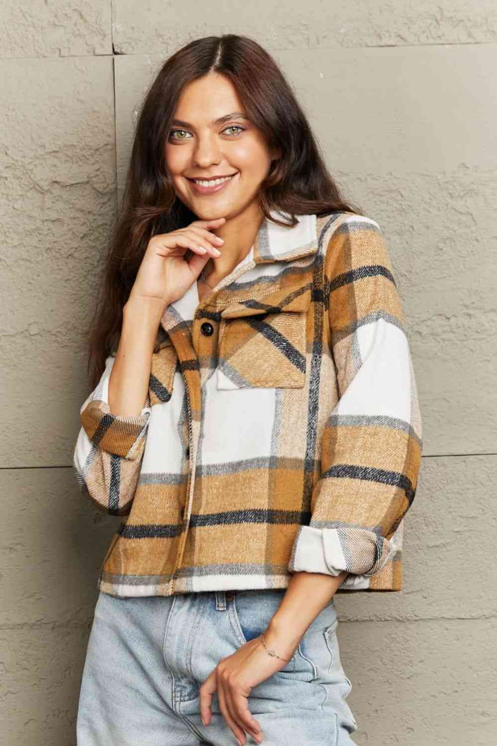  Plaid Collared Neck Jacket with Breast Pockets Trendsi