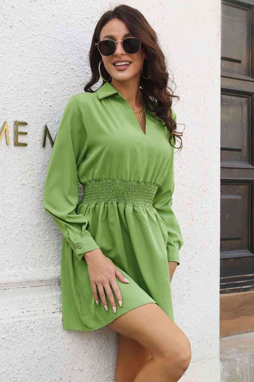  Smocked Waist Long Sleeve Mini Dress -BazaarBey - www.shopbazaarbey.com