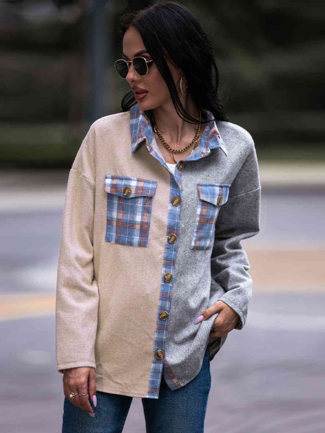 Plaid Contrast Drop Shoulder Shacket Bazaarbey