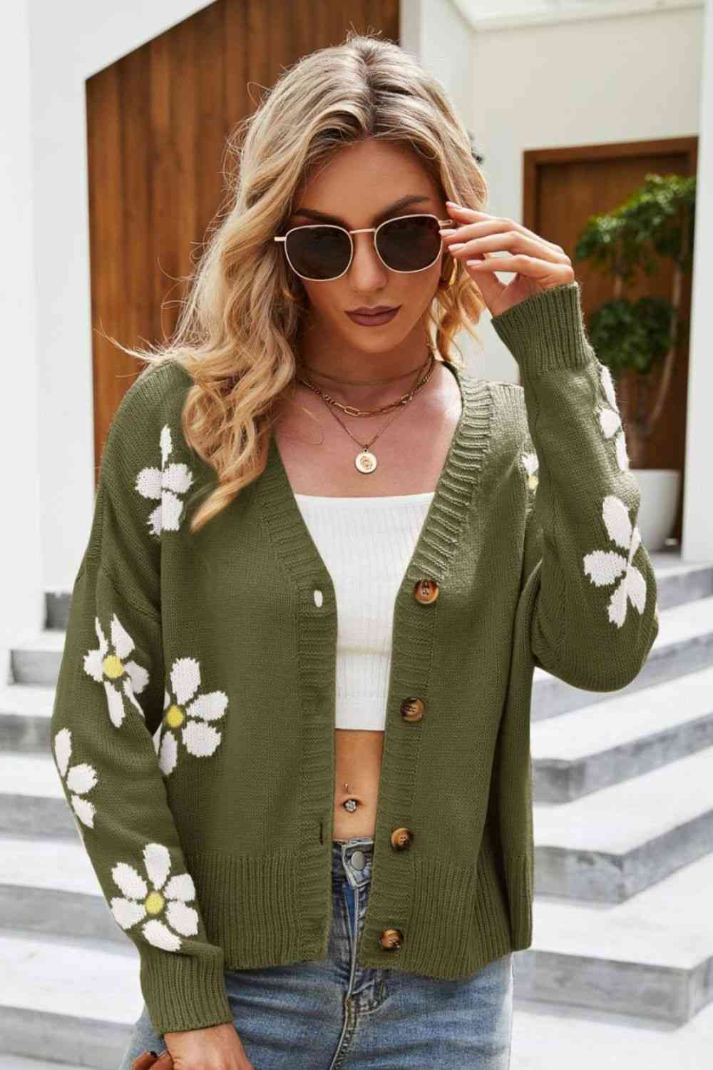 Floral Ribbed Trim Drop Shoulder Cardigan Trendsi