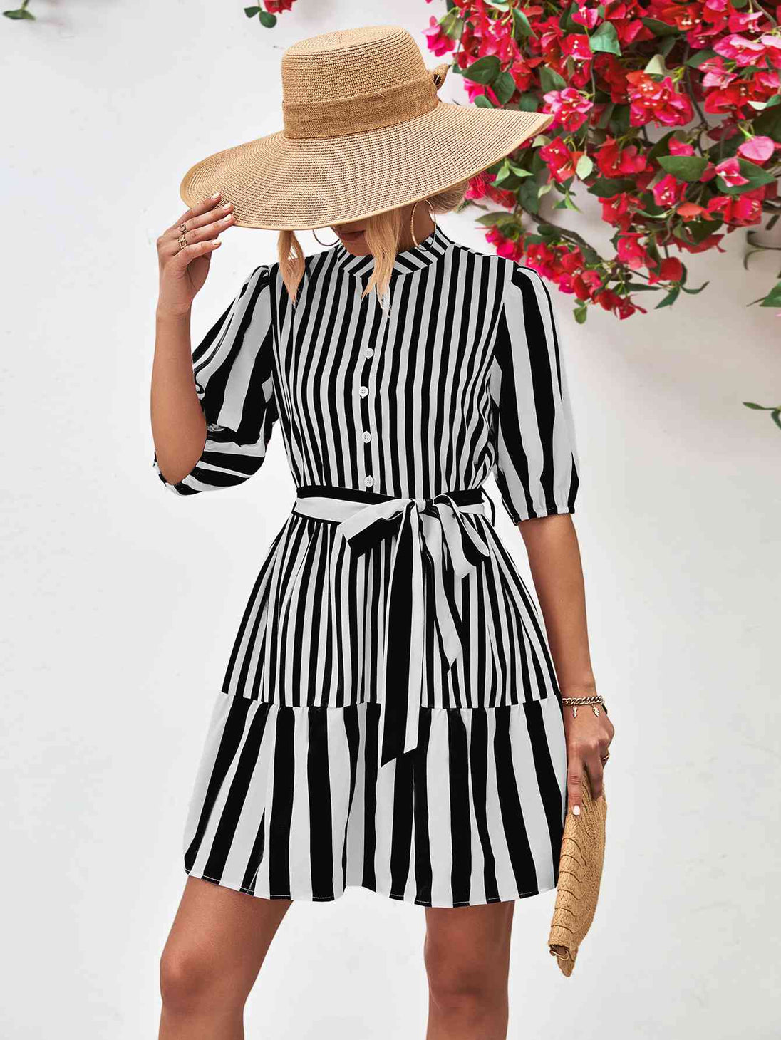 Striped Half Sleeve Tie Waist Mini Dress -BazaarBey - www.shopbazaarbey.com