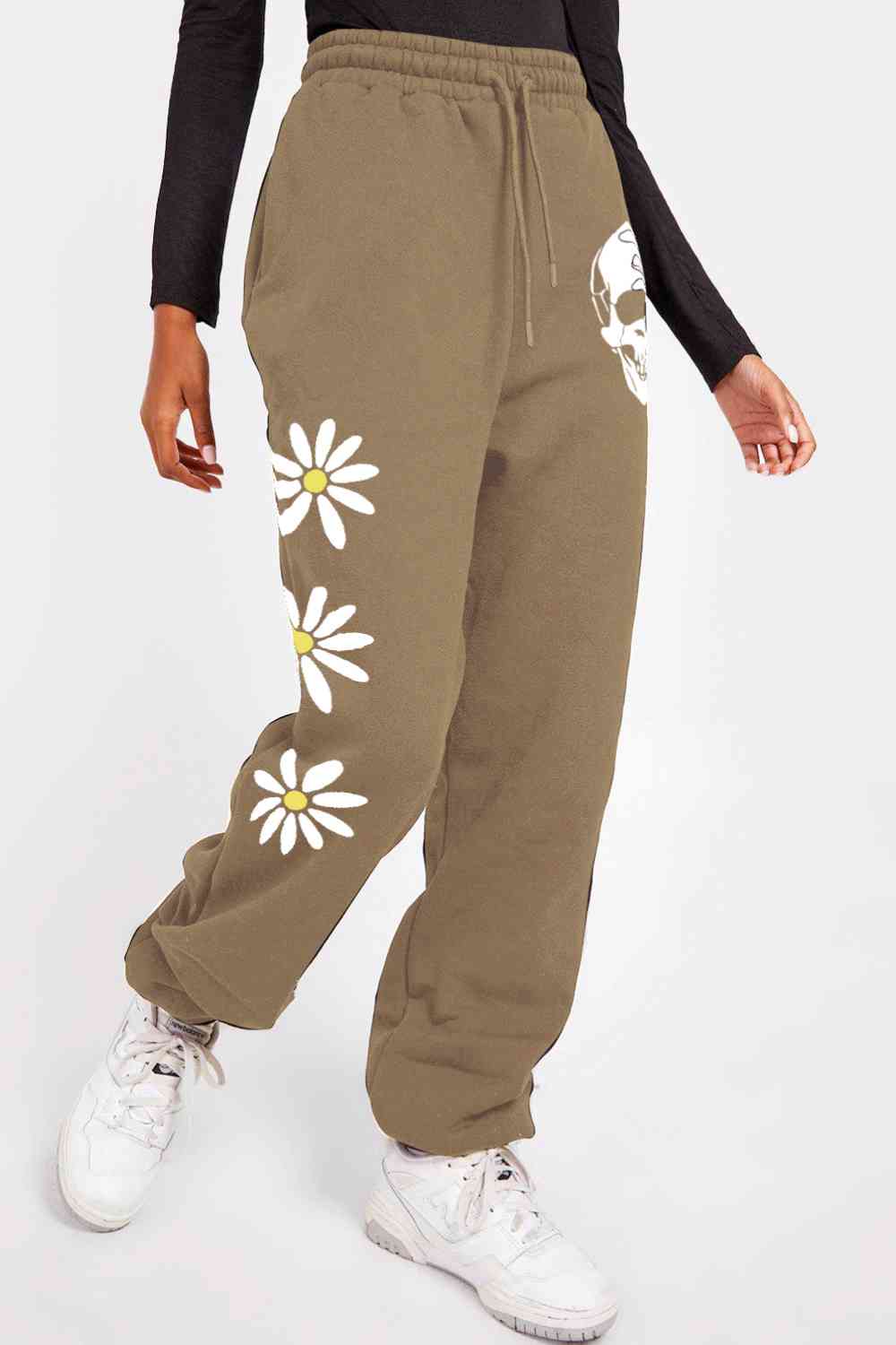    Drawstring Flower & Skull Graphic Long Sweatpants Bazaarbey