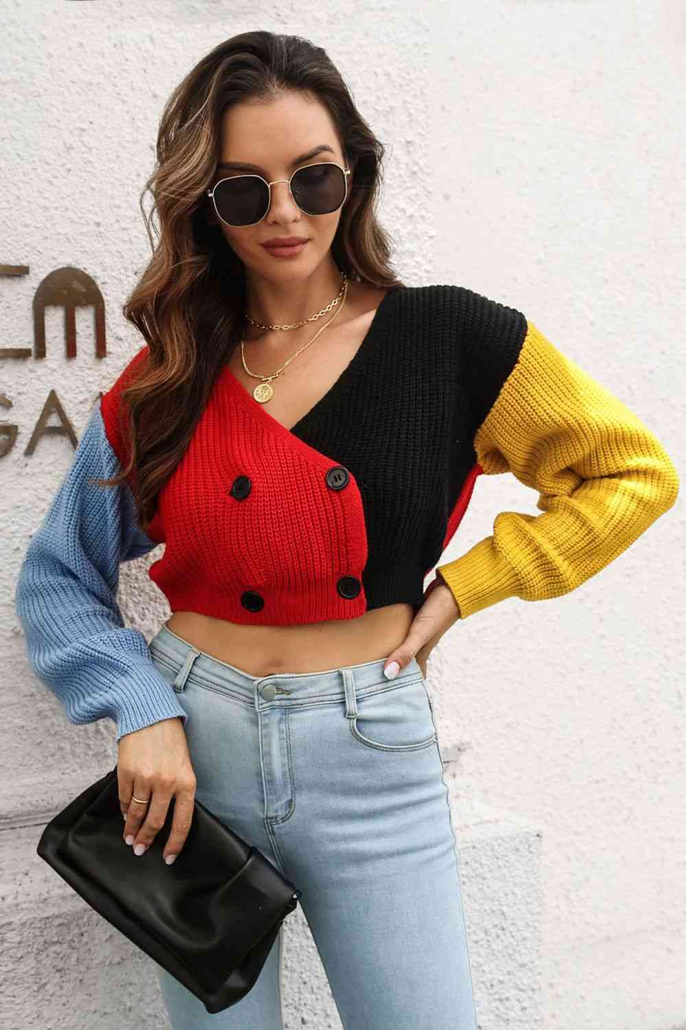 Cropped Contrast Color V- Neck Buttoned Cardigan Trendsi