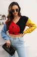 Cropped Contrast Color V- Neck Buttoned Cardigan Trendsi