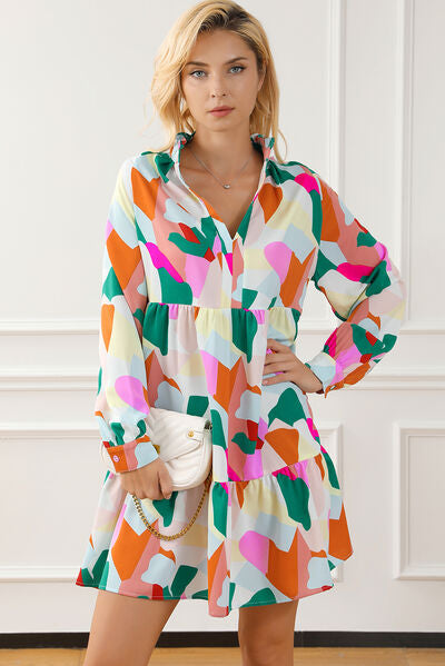 Printed Ruffle Hem Long Sleeve Mini Dress -BazaarBey - www.shopbazaarbey.com