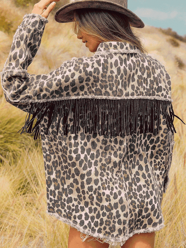 Leopard Fringe Detail Collared Neck Denim Jacket Bazaarbey