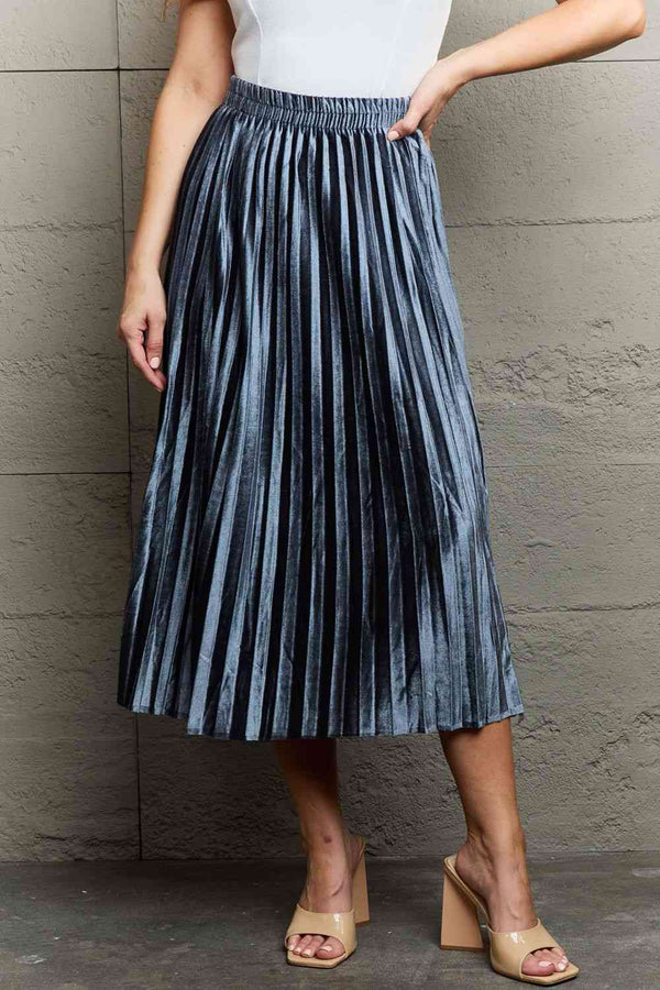  Accordion Pleated Flowy Midi Skirt 