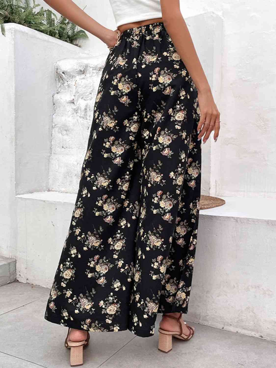 Floral Side Slit Wide Leg Pants Bazaarbey