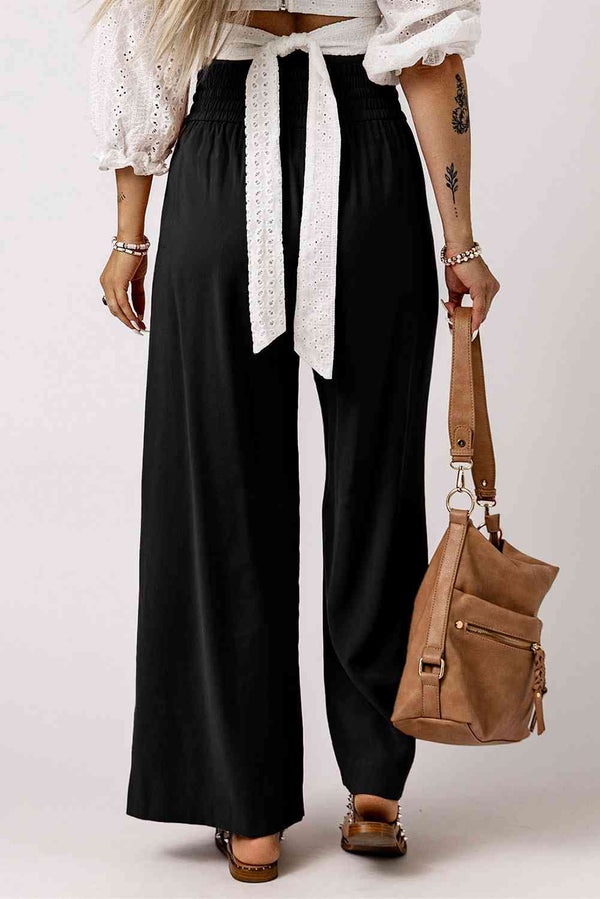 Drawstring Smocked Waist Wide Leg Pants Bazaarbey