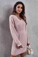 V-Neck Long Sleeve Rib-Knit Sweater Dress Bazaarbey