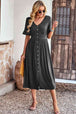 Gathered Detail Buttoned V-Neck Midi Dress -BazaarBey - www.shopbazaarbey.com