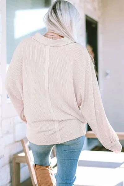 Collared Neck Half Button Long Sleeve Blouse Trendsi