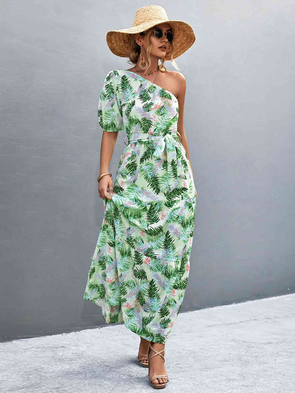 Printed Tie Waist One Shoulder Maxi Dress Bazaarbey