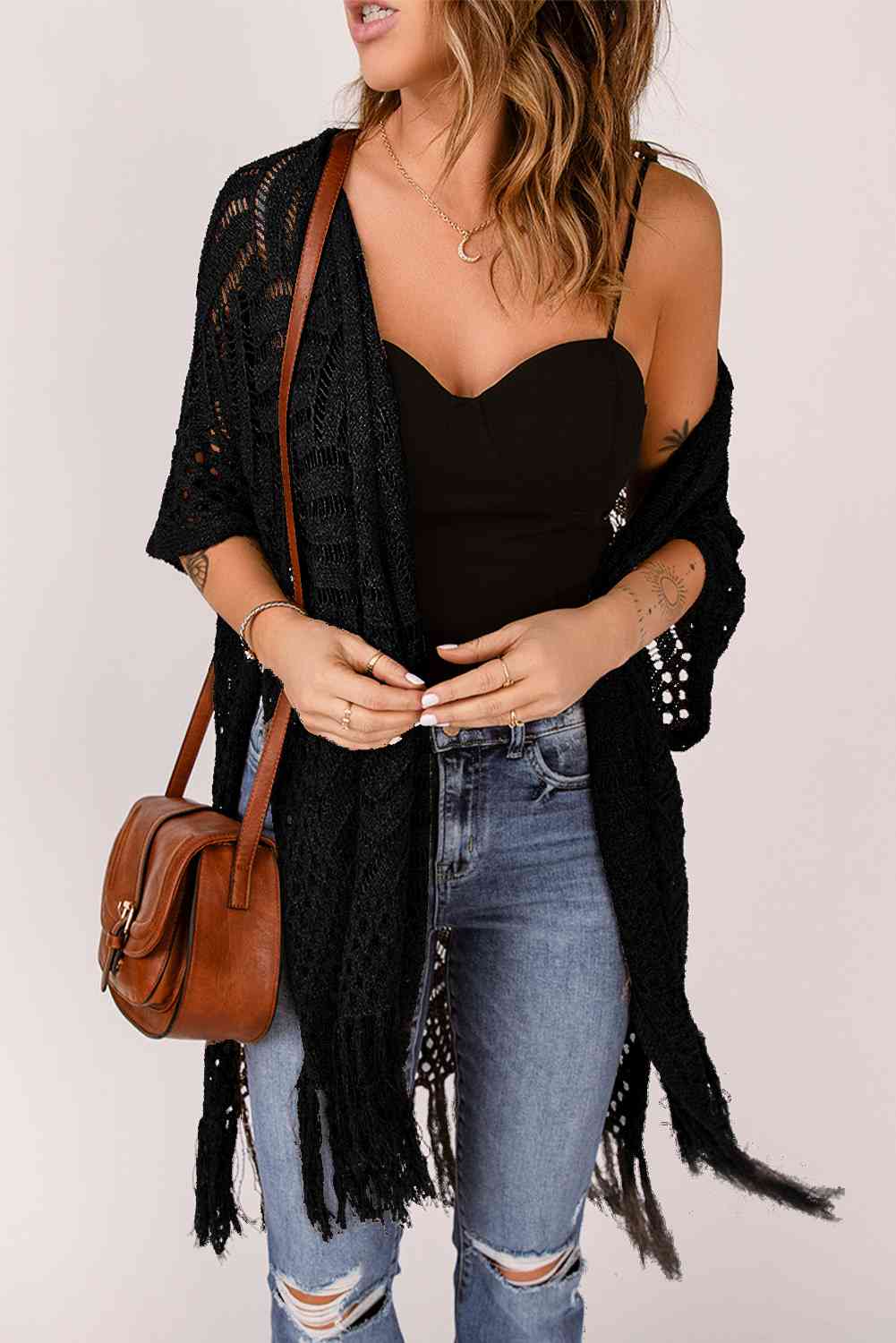 Fringe Hem Slit Open Front Cardigan Bazaarbey