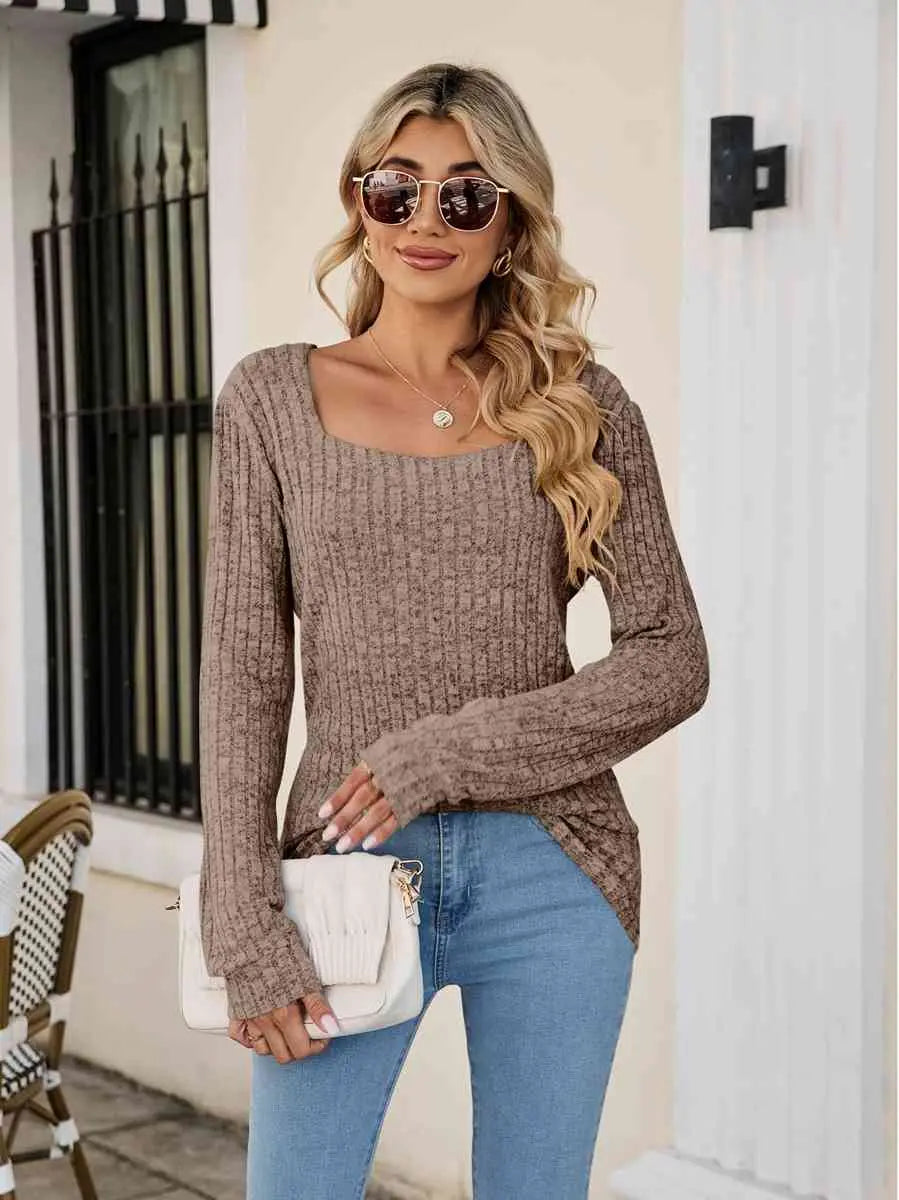 Square Neck Ribbed Long Sleeve T-Shirt Trendsi