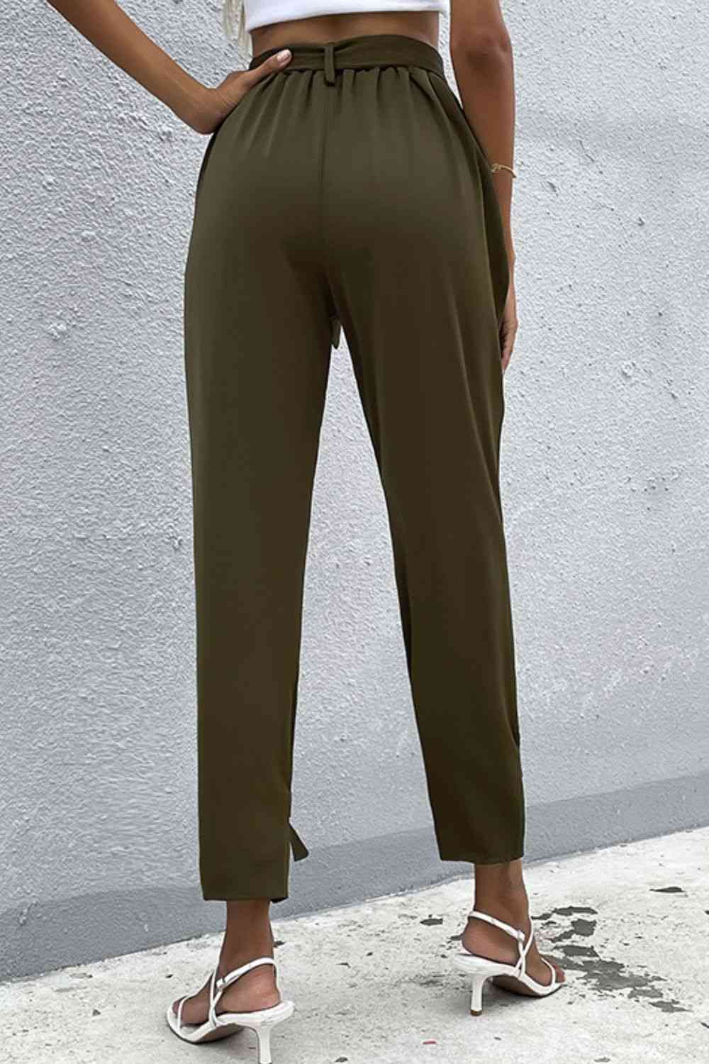 Tie Detail Belted Pants with Pockets Bazaarbey