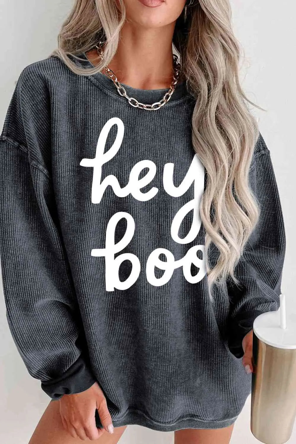 Round Neck Dropped Shoulder Graphic Sweatshirt Bazaarbey