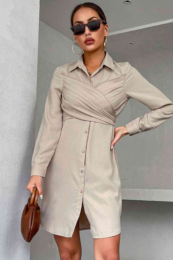  Tie-Back Curved Hem Shirt Dress -BazaarBey - www.shopbazaarbey.com