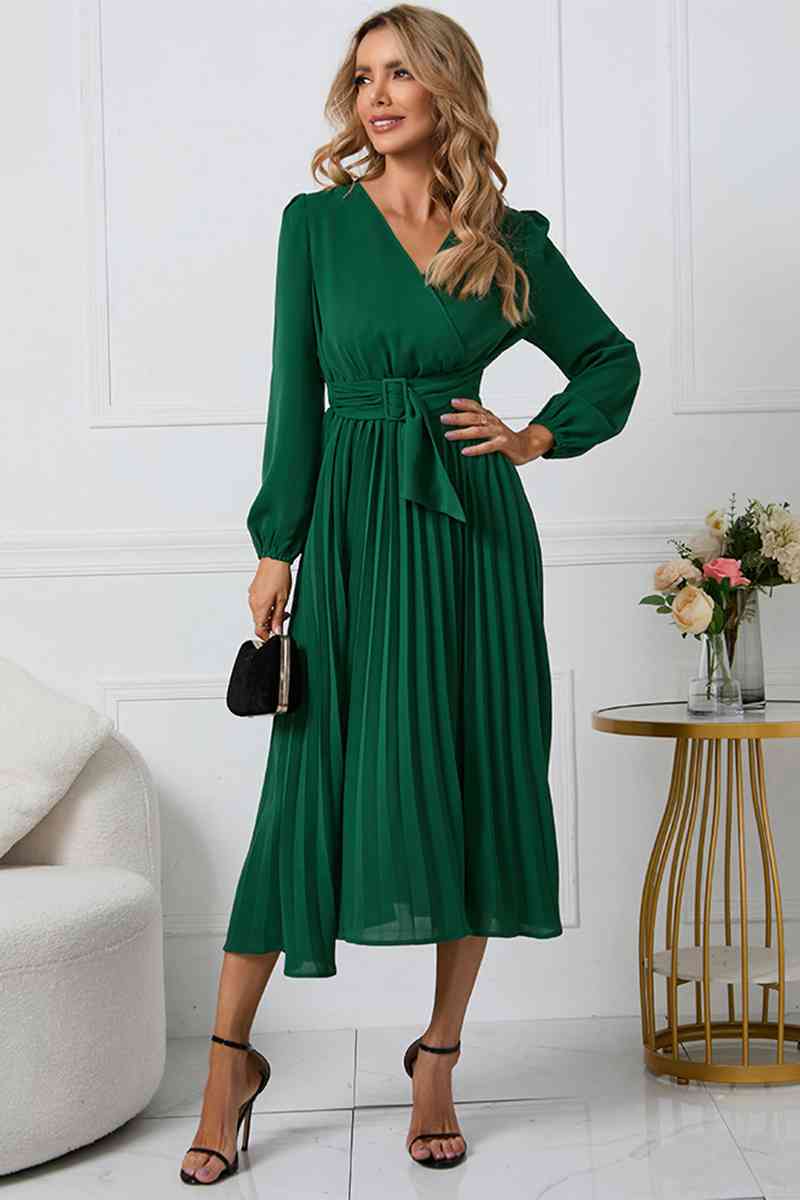 V-Neck Long Sleeve Tie Waist Midi Dress Bazaarbey