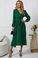 V-Neck Long Sleeve Tie Waist Midi Dress Bazaarbey