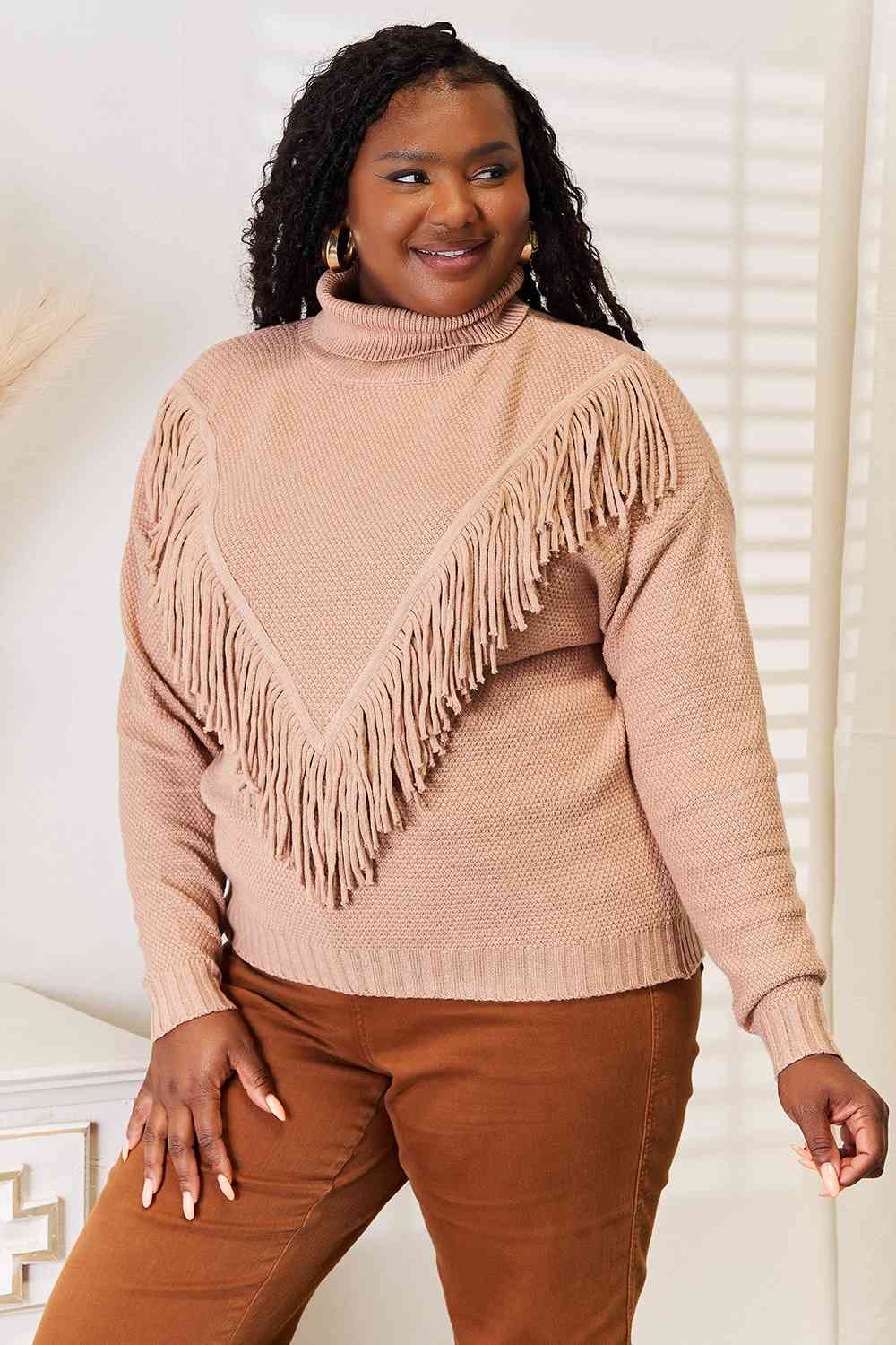 Woven Right Turtleneck Fringe Front Long Sleeve Sweater Bazaarbey