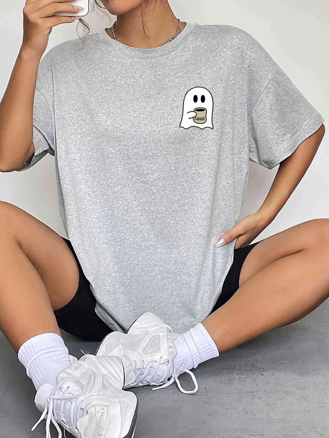 Round Neck Short Sleeve Ghost Graphic T-Shirt Bazaarbey