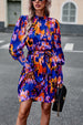 Printed Tie Waist Mock Neck Lantern Sleeve Dress -BazaarBey - www.shopbazaarbey.com