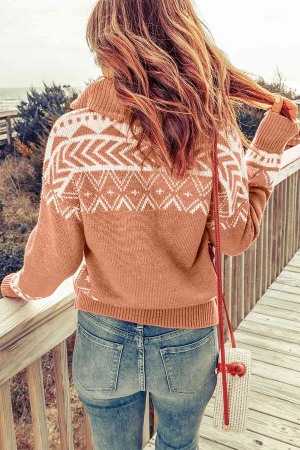 Zip-Up Mock Neck Dropped Shoulder Pullover Sweater Bazaarbey