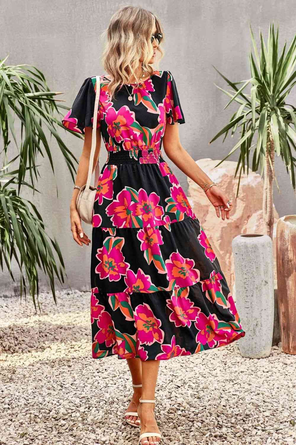 Floral Puff Sleeve Tiered Midi Dress -BazaarBey - www.shopbazaarbey.com