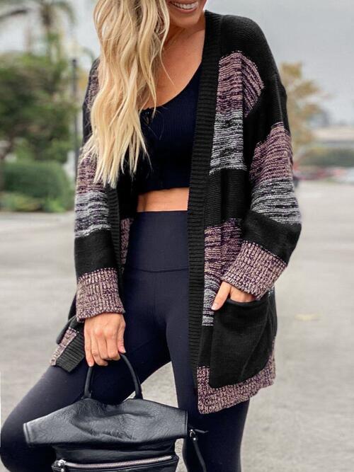 Striped  Long Sleeve Cardigan with Pockets Trendsi