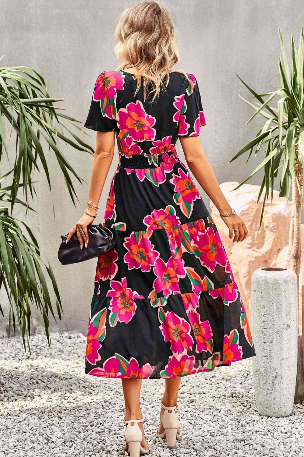 Floral Puff Sleeve Tiered Midi Dress -BazaarBey - www.shopbazaarbey.com