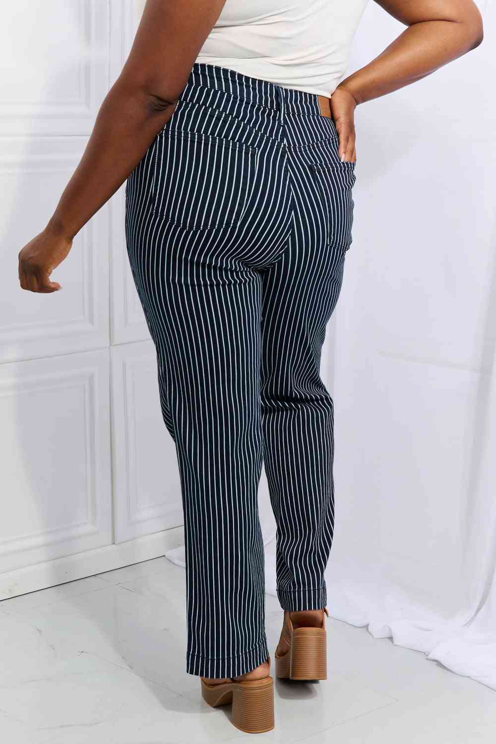    High Waisted Tummy Control Striped Straight Jeans Trendsi