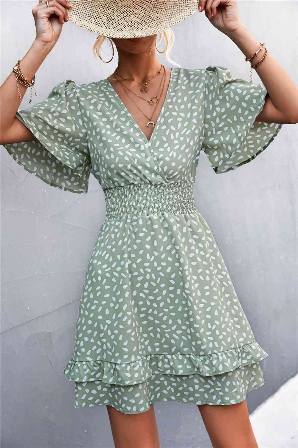 Printed Smocked Waist Layered  Dress -BazaarBey - www.shopbazaarbey.com