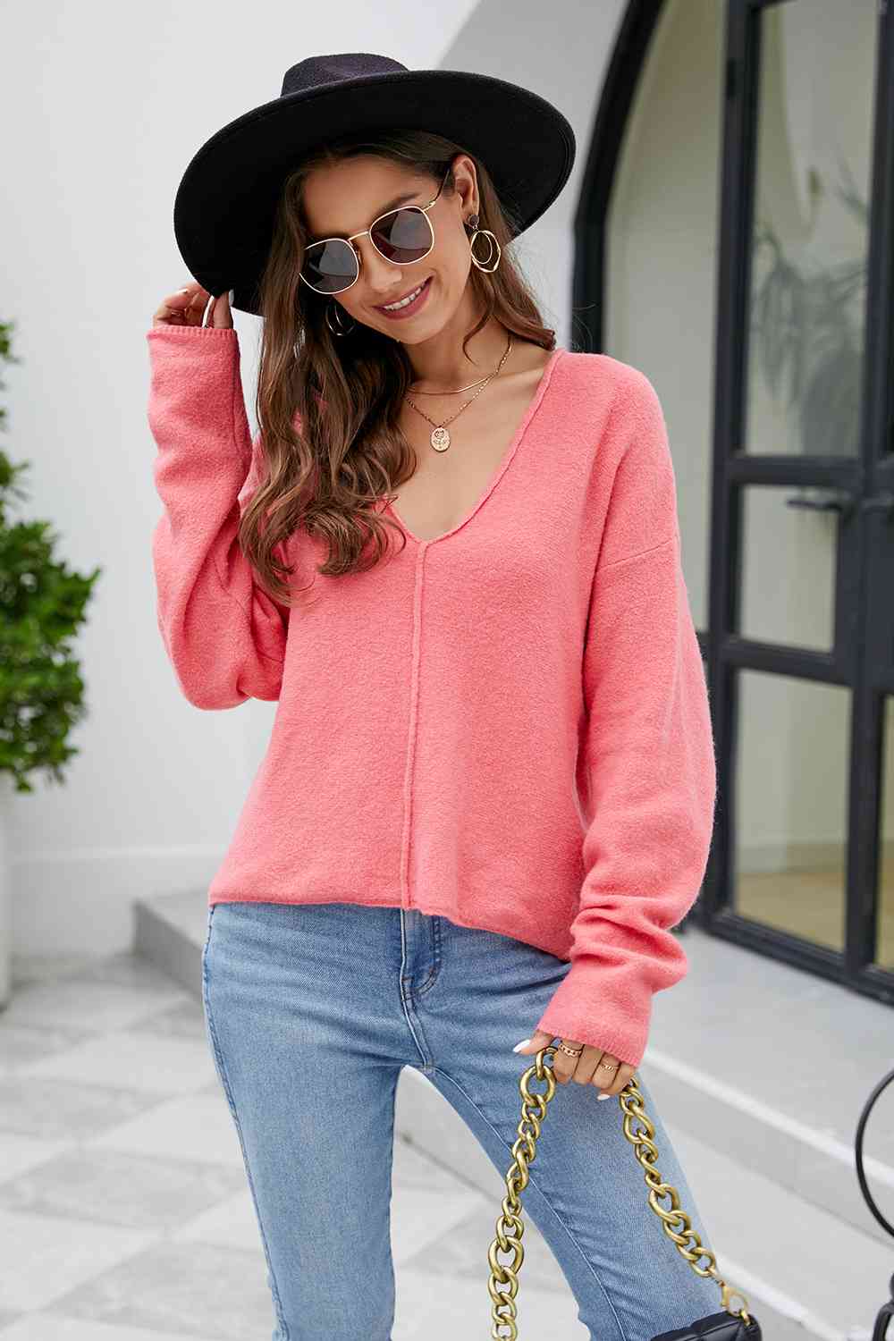 V-Neck Drop Shoulder Long Sleeve Knit Top Bazaarbey