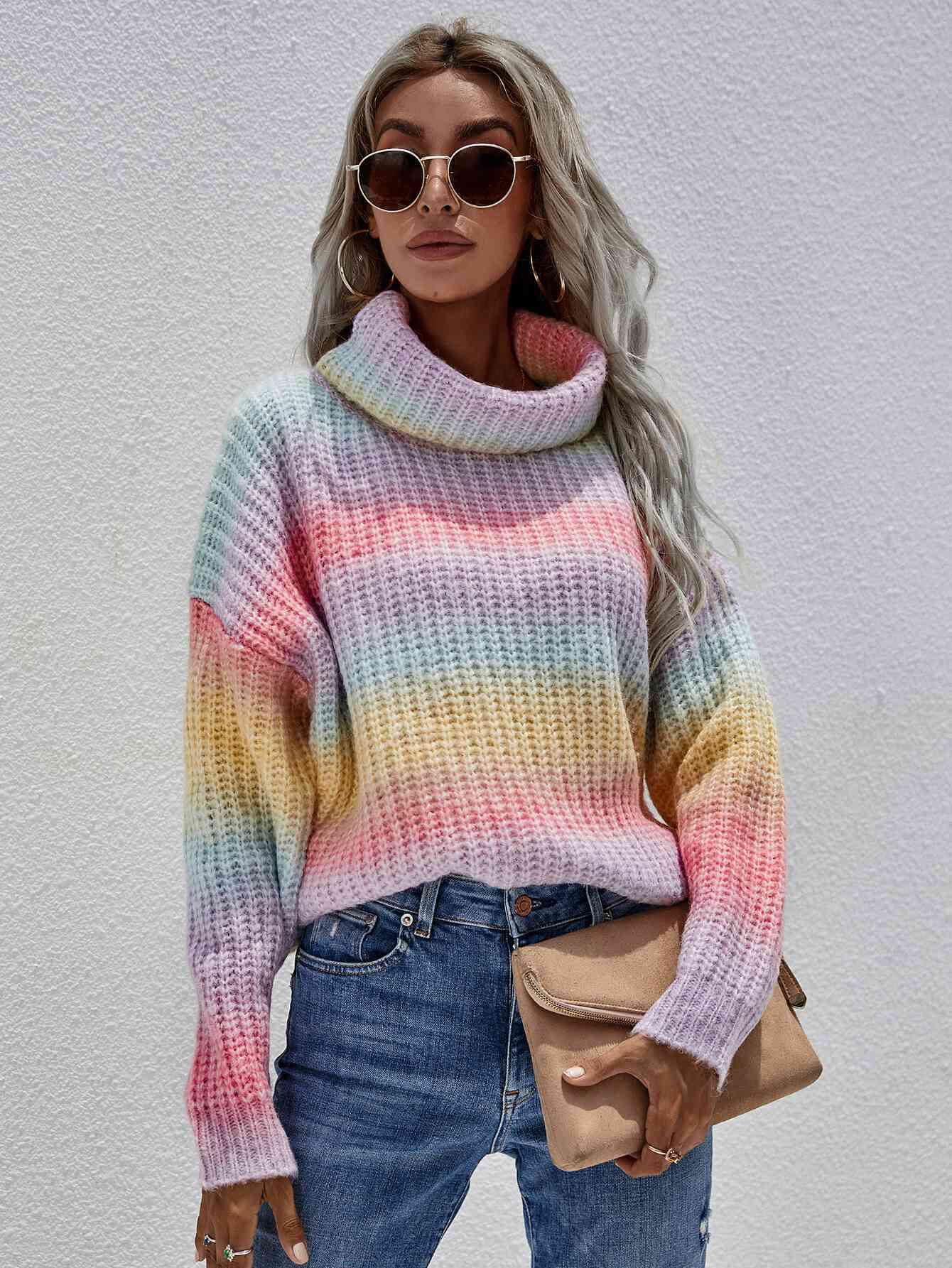 Rainbow Rib-Knit Turtleneck Drop Shoulder Sweater Trendsi