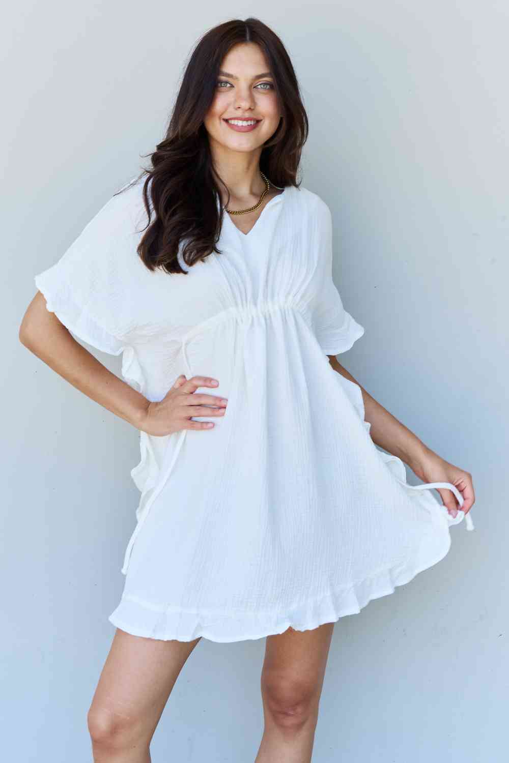 Ninexis Out Of Time Full Size Ruffle Hem Dress with Drawstring Waistband in White Bazaarbey