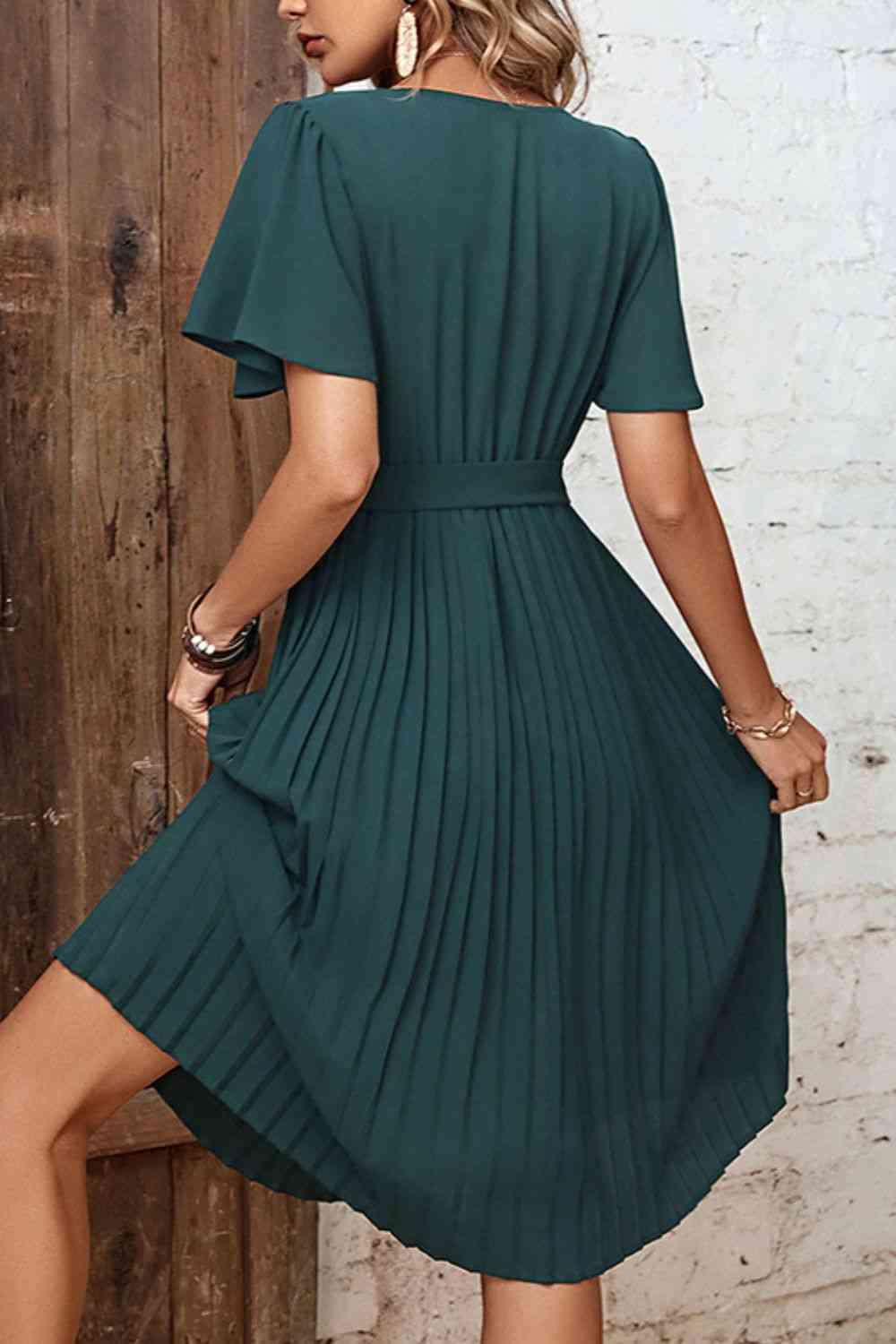 Buttoned V-Neck Flutter Sleeve Pleated Dress -BazaarBey - www.shopbazaarbey.com